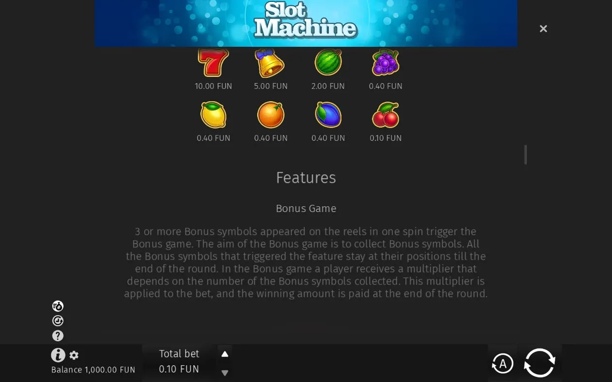 Paytable met symboolwaarden zoals de 7 en bel, plus uitleg van de Bonus Game-functie.
