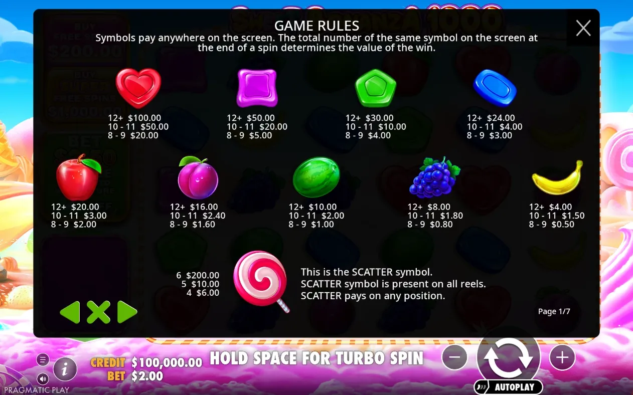 Spelregelspagina 1/7 toont alle symboolwaarden en de lolly-scatter met uitbetalingen voor 6, 5 en 4 stuks.